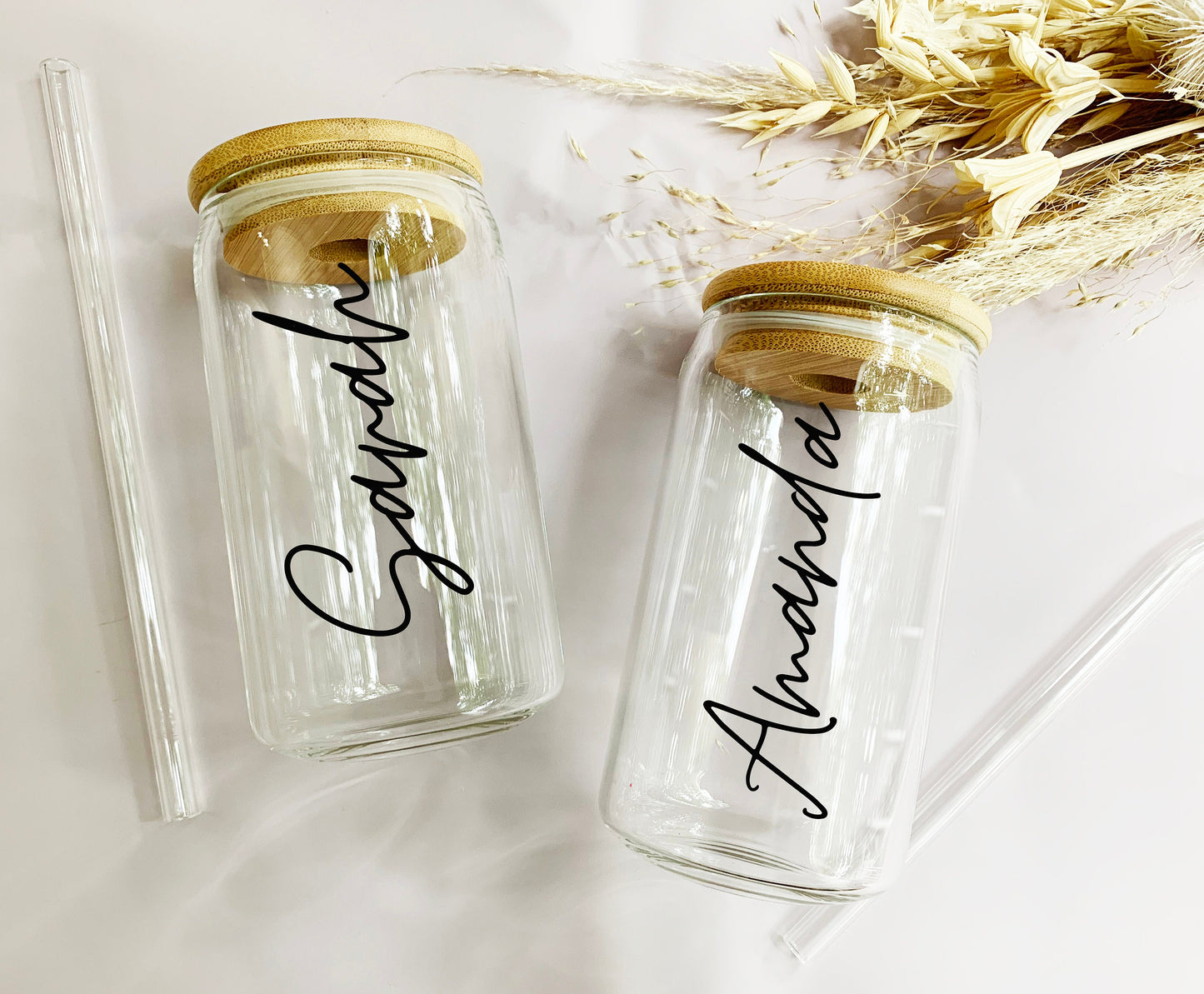 16oz Glass Tumbler with Lid and Straw/ Glass Tumbler w/Bamboo lid/ Bridal Party Gift/ Bridesmaid Gift/Bachelorette Gifts Boho Wedding Gifts