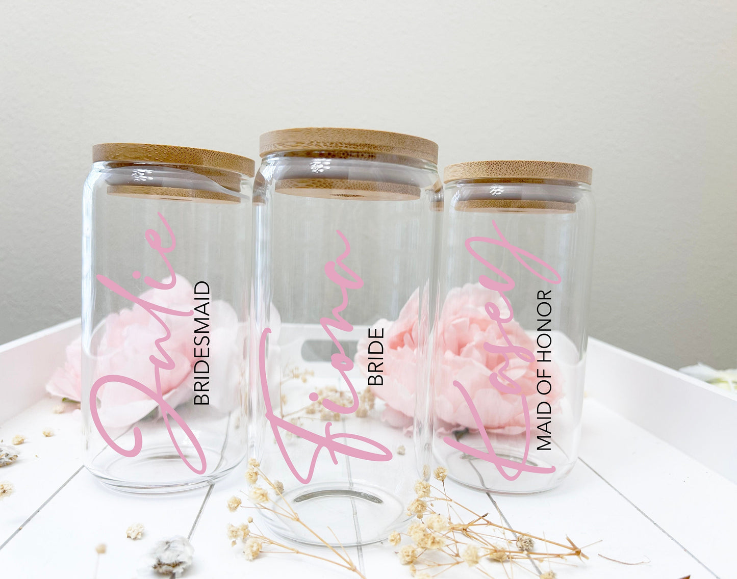 16oz Glass Tumbler with Lid and Straw/ Glass Tumbler w/Bamboo lid/ Bridal Party Gift/ Bridesmaid Gift/Bachelorette Gifts Boho Wedding Gifts