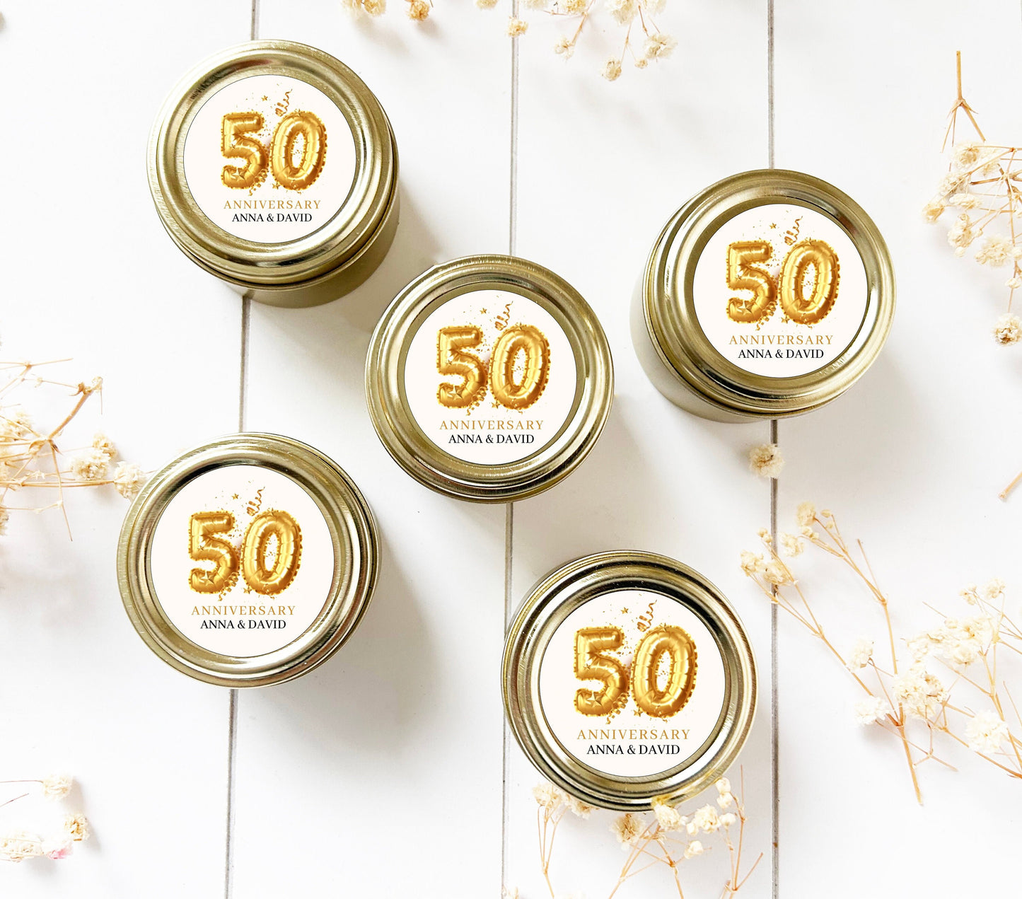 Party Favors, Wedding Anniversary Celebration Candle Favor, InExpensive Favor, 2oz. Favor for Guests, 50th Anniversary, Rose Gold Candle Tin