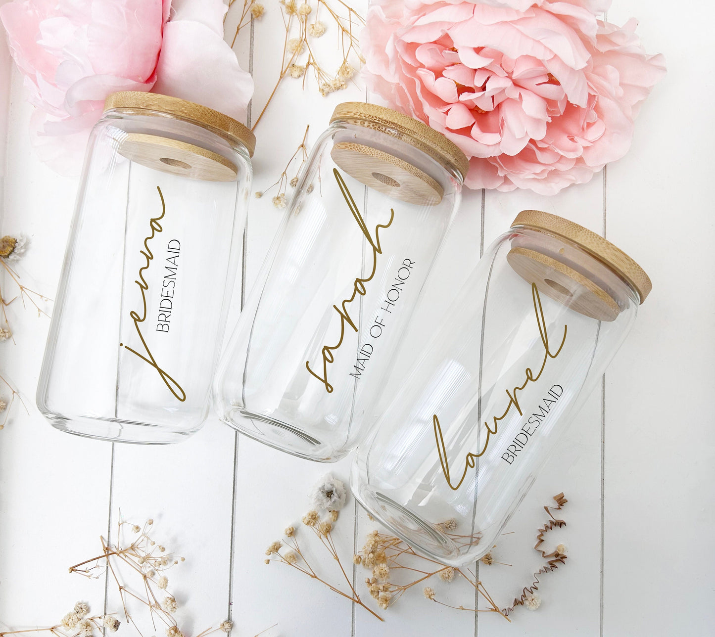 16oz Glass Tumbler with Lid and Straw/ Glass Tumbler w/Bamboo lid/ Bridal Party Gift/ Bridesmaid Gift/Bachelorette Gifts Boho Wedding Gifts