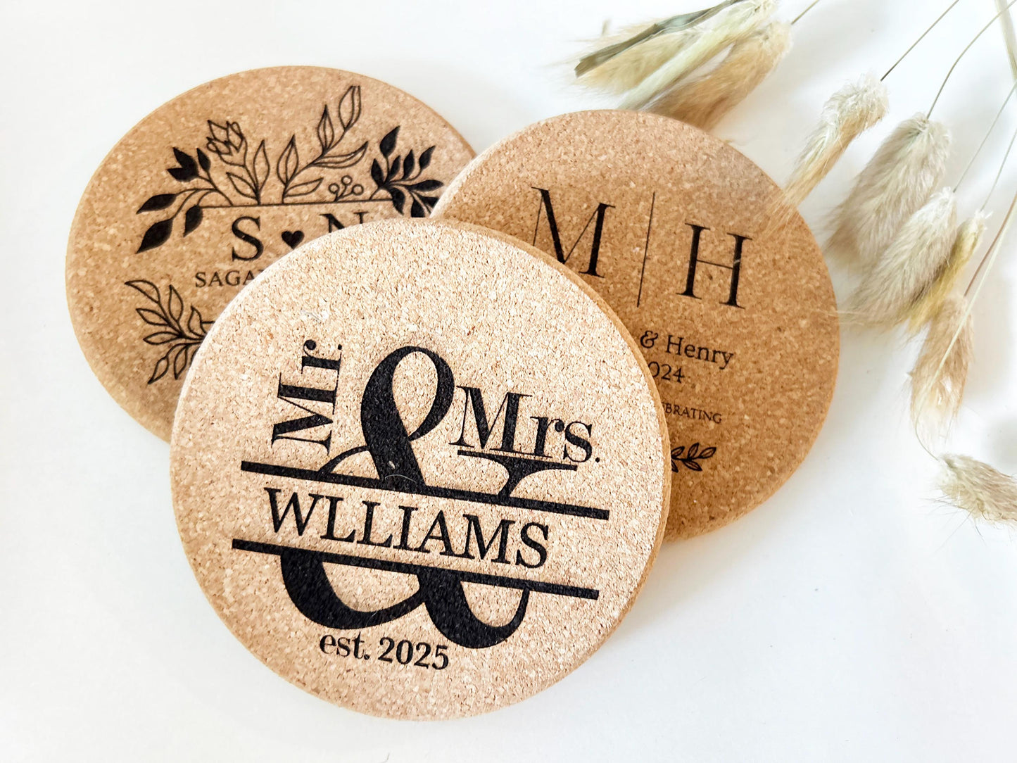 Bulk Wedding Favor, Engraved Cork Coaster Favor, Unique Wedding Favor, Set of 100 Coasters, Newly married couple coasters