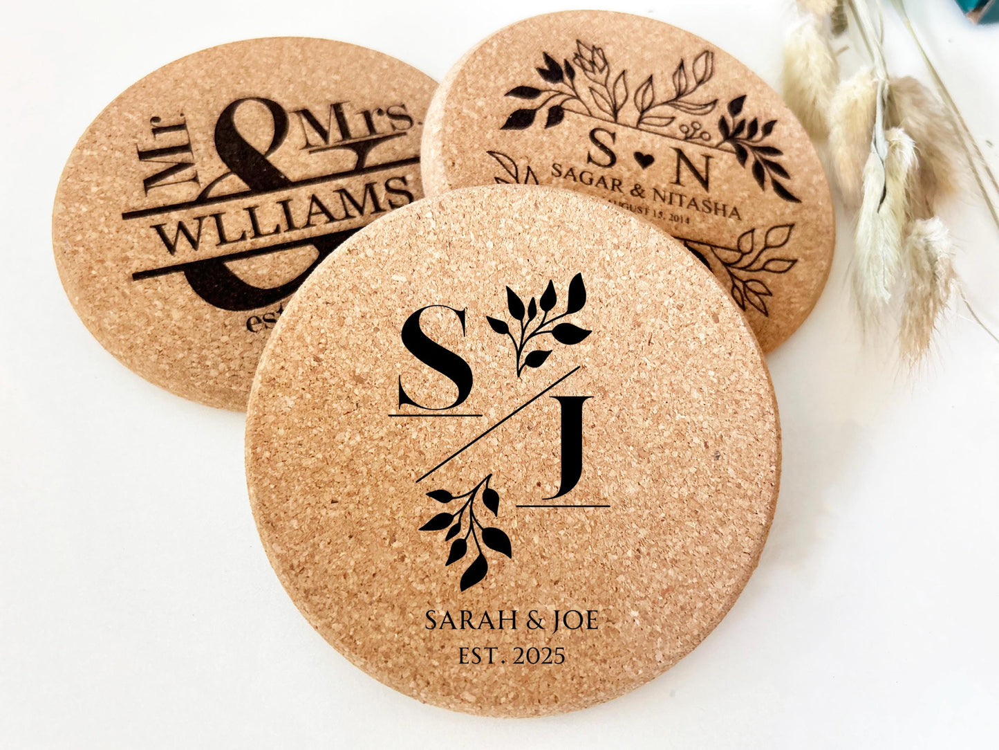 Bulk Wedding Favor, Engraved Cork Coaster Favor, Unique Wedding Favor, Set of 100 Coasters, Newly married couple coasters