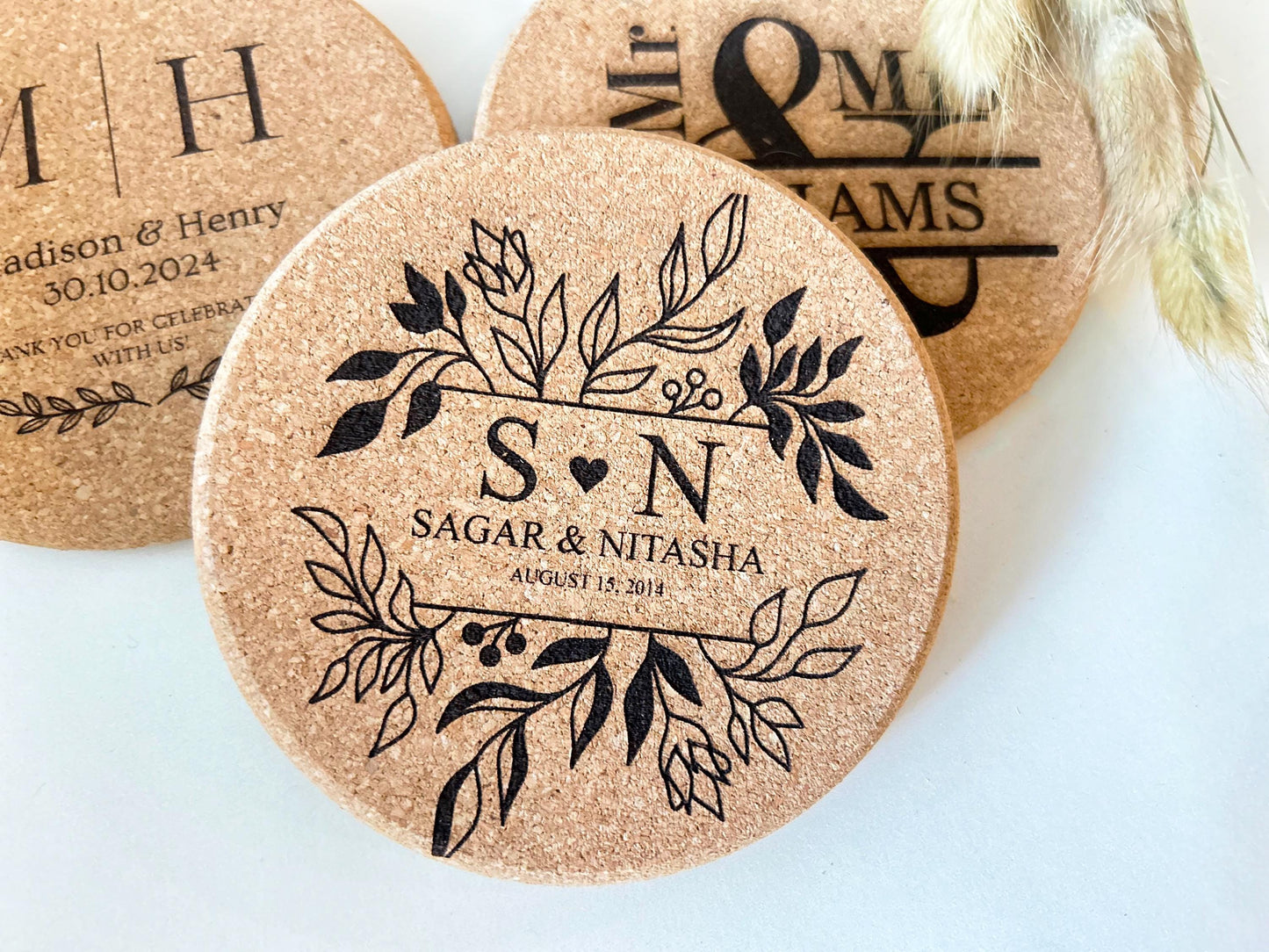 Bulk Wedding Favor, Engraved Cork Coaster Favor, Unique Wedding Favor, Set of 100 Coasters, Newly married couple coasters
