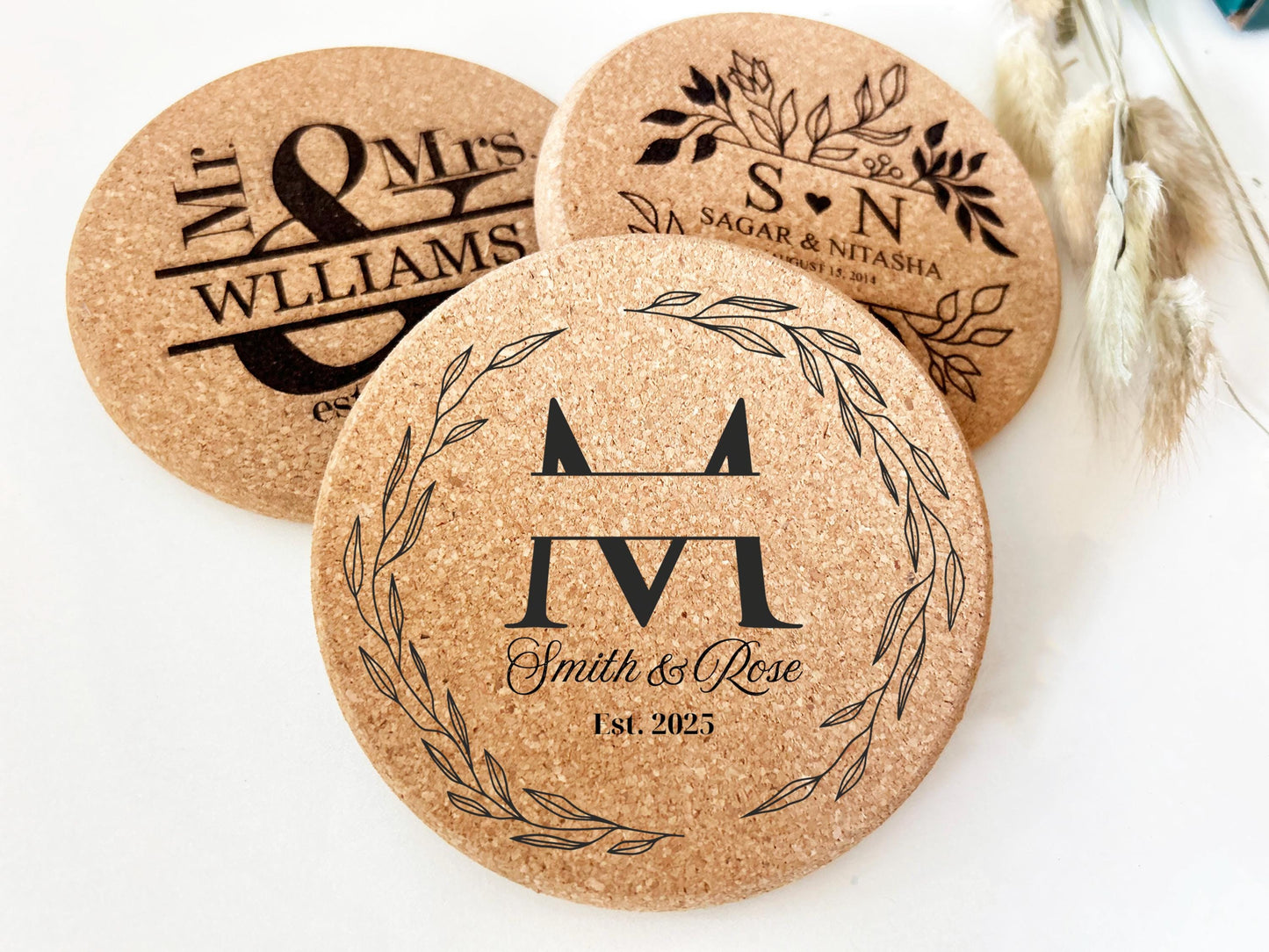 Bulk Wedding Favor, Engraved Cork Coaster Favor, Unique Wedding Favor, Set of 100 Coasters, Newly married couple coasters