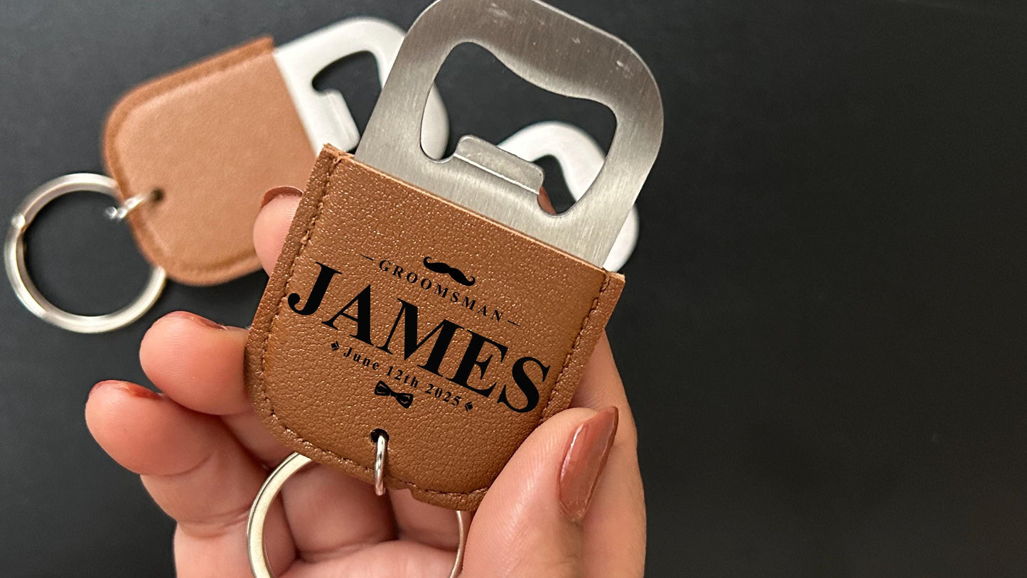 Personalized PU leather keychain bottle opener, custom groomsmen gift, Corporate party favors, best man gifts, bottle opener keyring