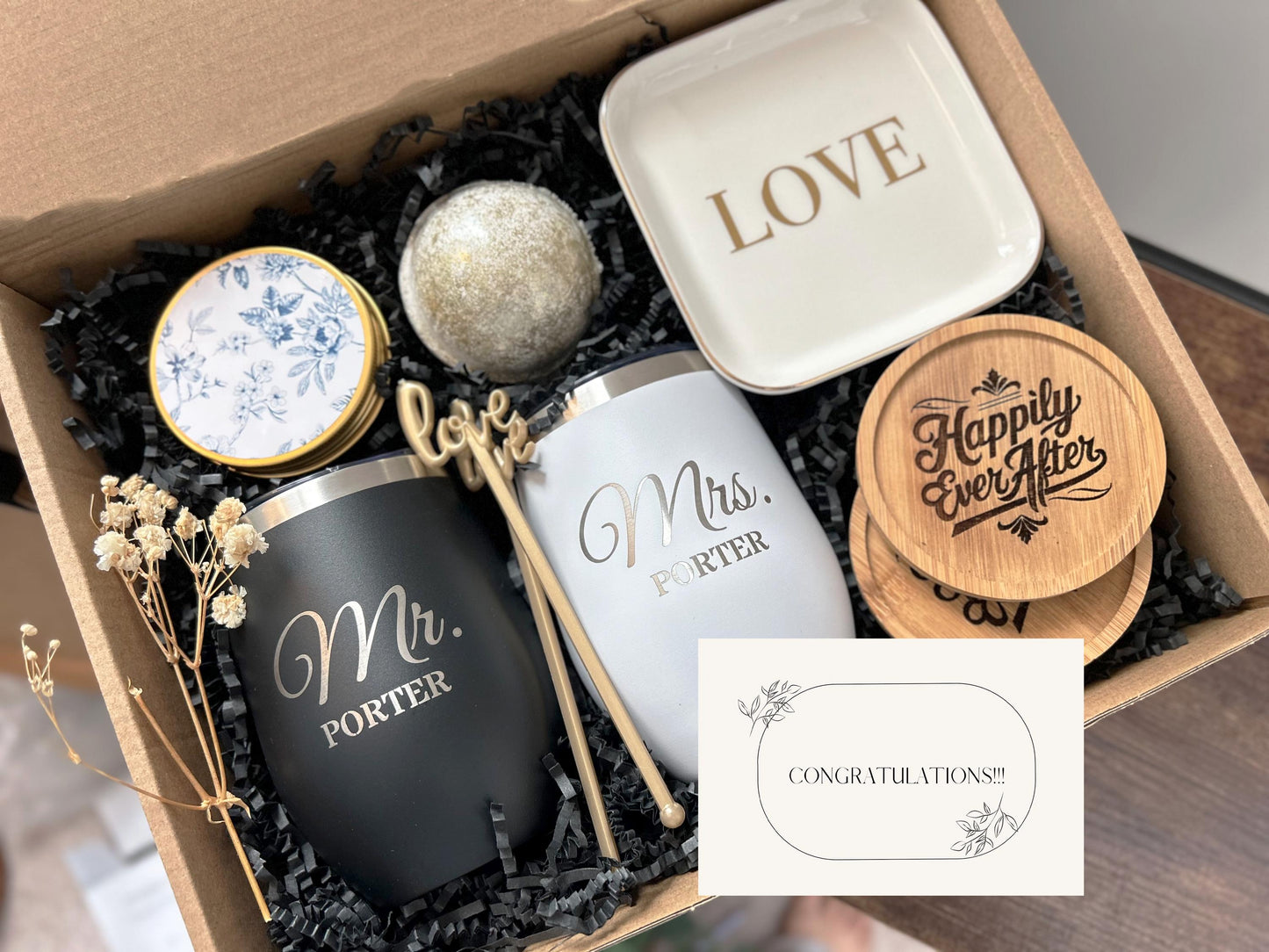Elegant Congratulations Gift Basket for Newlyweds, Engaged Couples - Mr. & Mrs. Wedding Celebration Set