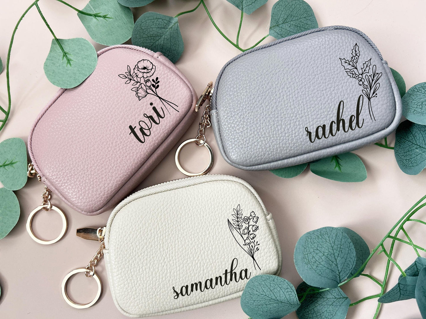 Laser Engrave Birth Flower PU Leather Wallet, Wallet For Women, Purse with Zipper, Personalized Birthday Gift Favor, Gift for Female Staff