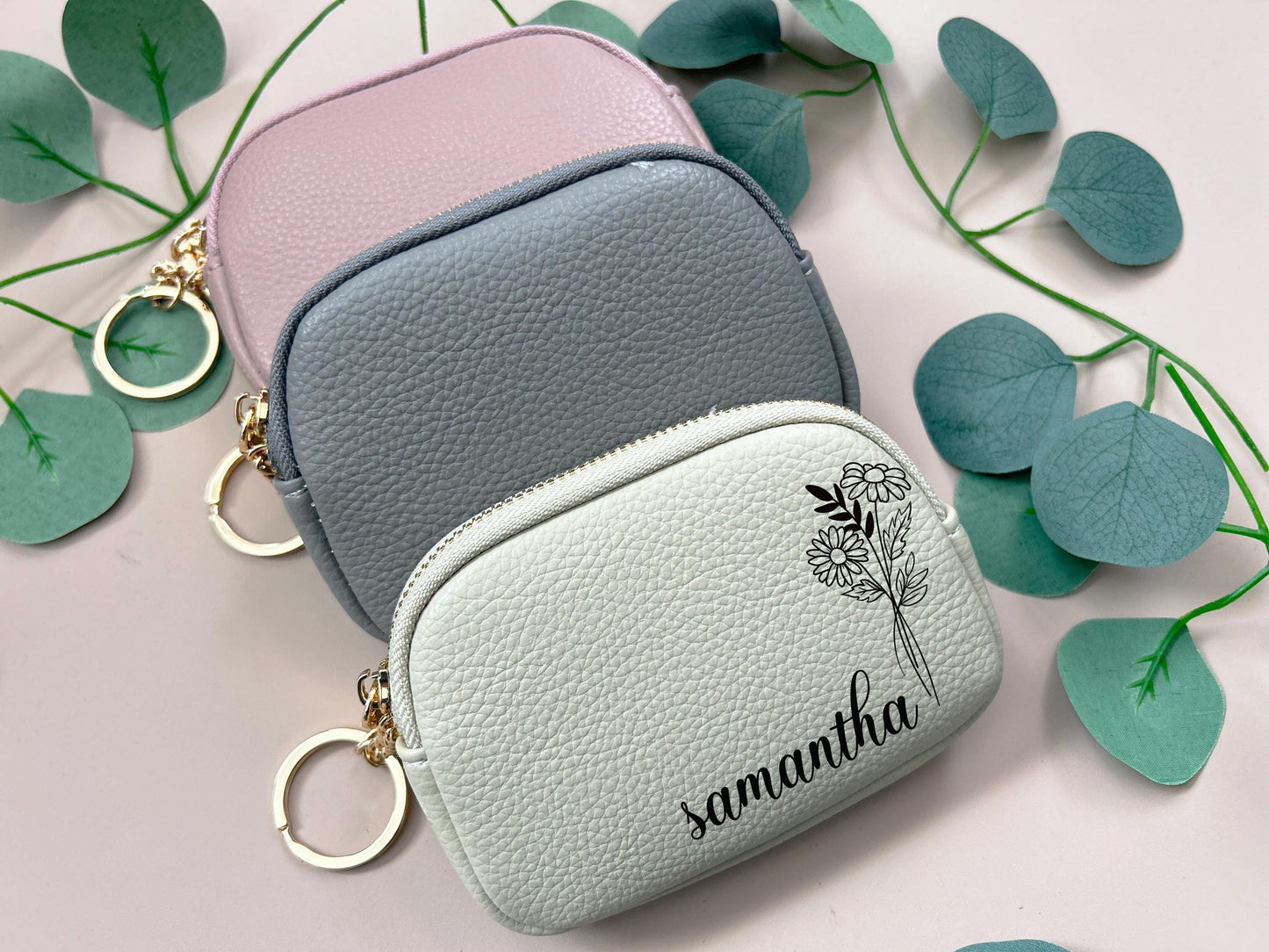 Laser Engrave Birth Flower PU Leather Wallet, Wallet For Women, Purse with Zipper, Personalized Birthday Gift Favor, Gift for Female Staff