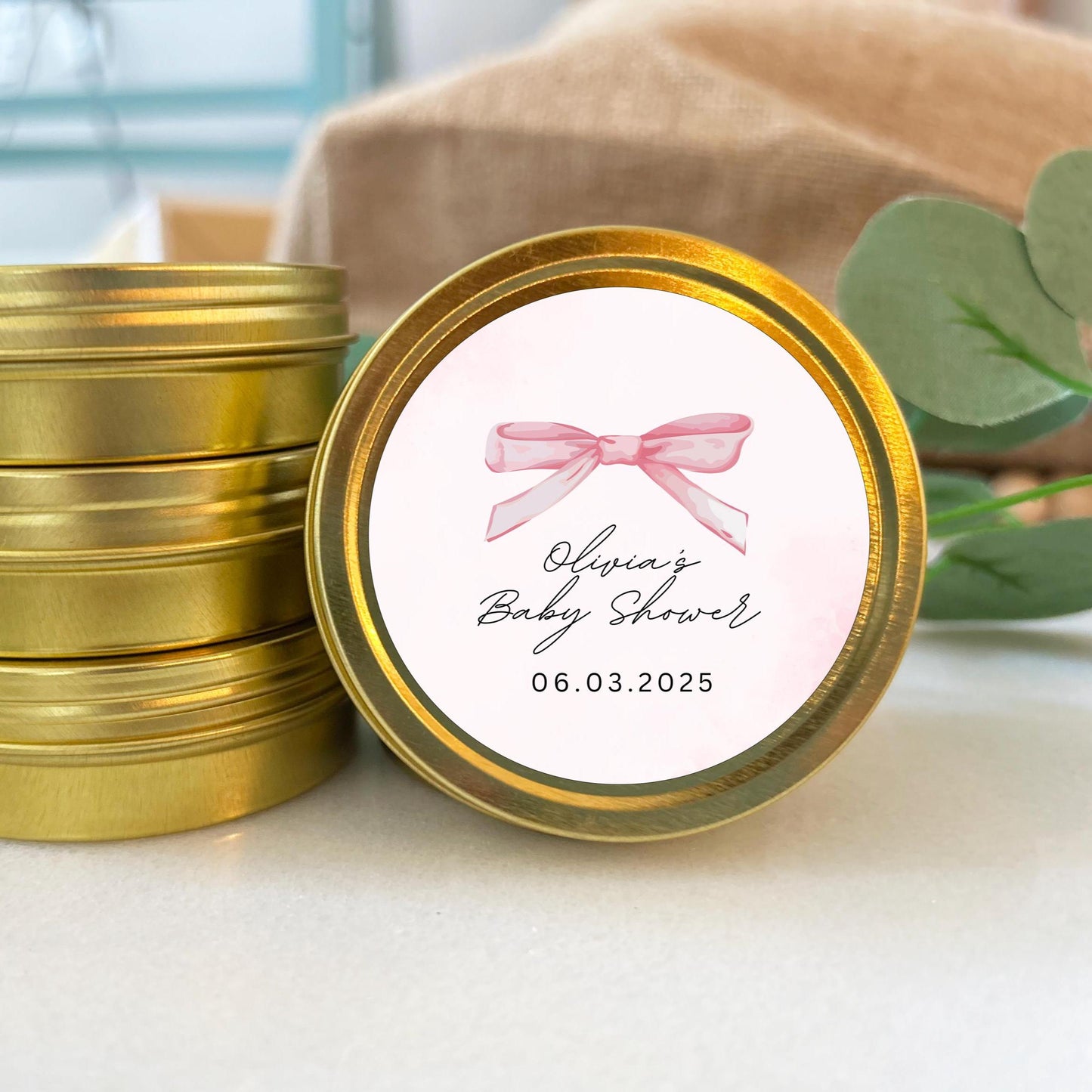 Pink Bow Baby Shower Candle Favor, Guest favor, 2oz., Soy Candle Favor, Baby Girl Shower, Bulk Gold Round Candle Favor, Bulk Candle Favor