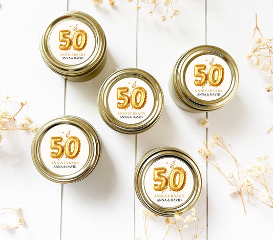 Party Favors, Wedding Anniversary Celebration Candle Favor, InExpensive Favor, 2oz. Favor for Guests, 50th Anniversary, Rose Gold Candle Tin