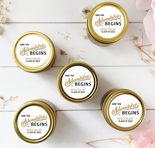 Bulk Graduation Candle Favor, Graduation Party Favor, 2oz. 2023 Grad Candle Favor, Affordable Graduation favor, personalized Gold Tin Candle