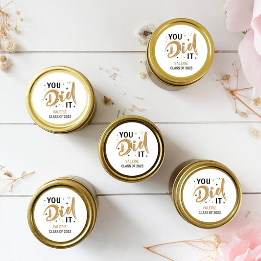 Bulk Graduation Candle Favor, Graduation Party Favor, 2oz. 2023 Grad Candle Favor, Affordable Graduation favor, personalized Gold Tin Candle