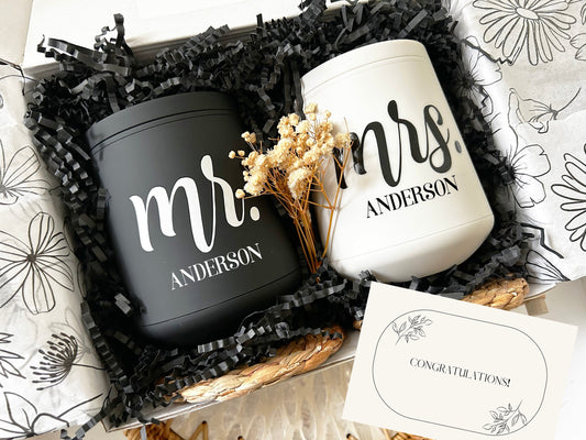 Personalized Wine Tumbler Gift Set / Gift for Couple/ Gift for Newly Wed/ Bride and Groom Can Cooler/ Engagement Gift for Mr. & Mrs.