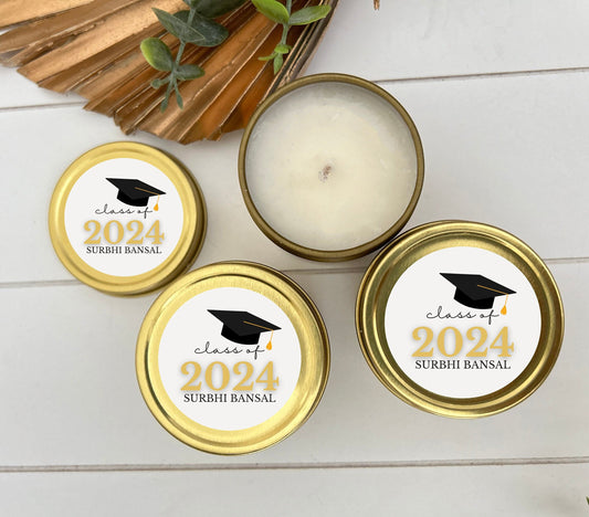 Bulk Graduation Candle Favor, Graduation Party Favor, 2oz. 2023 Grad Candle Favor, Affordable Graduation favor, personalized Gold Tin Candle