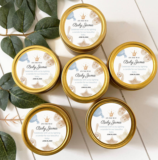 Bulk Baby Shower Candle Favor, Guest favor, 2oz. Baby Shower Celebration Candle Favor, Bulk Gold Round Candle Favor, Gold Candle Tin