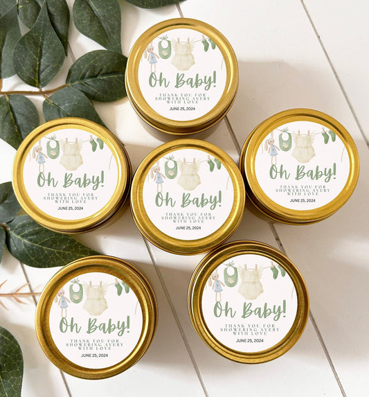 Bulk Baby Shower Candle Favor, Guest favor, 2oz. Baby Shower Celebration Candle Favor, Bulk Gold Round Candle Favor, Gold Candle Tin