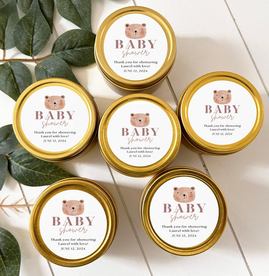 Bulk Baby Shower Candle Favor, Guest favor, 2oz. Baby Shower Celebration Candle Favor, Bulk Gold Round Candle Favor, Gold Candle Tin