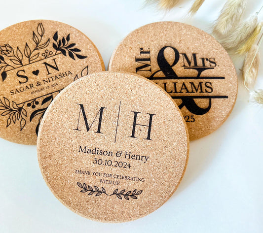 Bulk Wedding Favor, Engraved Cork Coaster Favor, Unique Wedding Favor, Set of 100 Coasters, Newly married couple coasters