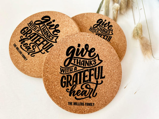 Bulk Custom Thanksgiving Return Favor, Engraved Holiday Gift, Inexpensive holiday Favor for Guests, Bulk Coasters, Holiday Cork Coasters