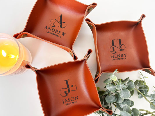Custom Groomsmen PU Leather Valet tray, Wedding Proposal Gift for Guys, Engraved Personalized Leather Valet Tray, Unique Gift for Bestmen