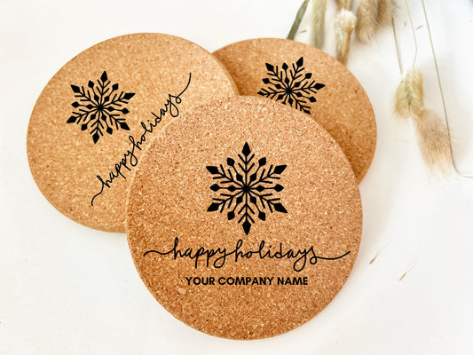 Bulk Holiday office team Favor, Engraved Cork Coaster for Staff, Holiday Favor for Staff, Inexpensive bulk return gift ideas