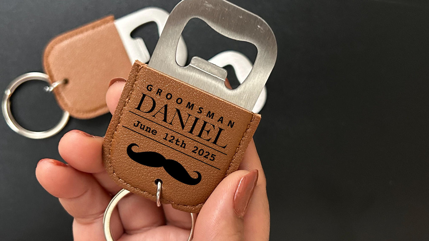 Personalized PU leather keychain bottle opener, custom groomsmen gift, Corporate party favors, best man gifts, bottle opener keyring