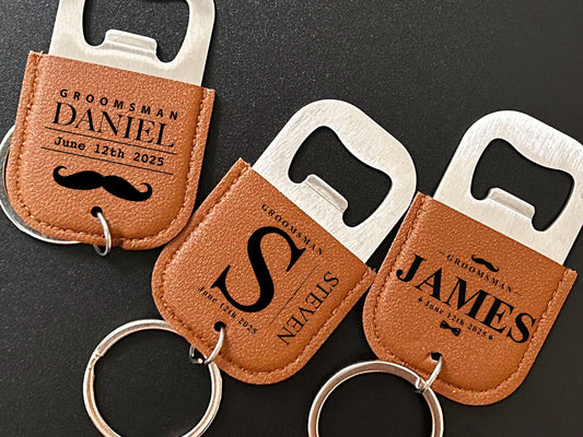Personalized PU leather keychain bottle opener, custom groomsmen gift, Corporate party favors, best man gifts, bottle opener keyring