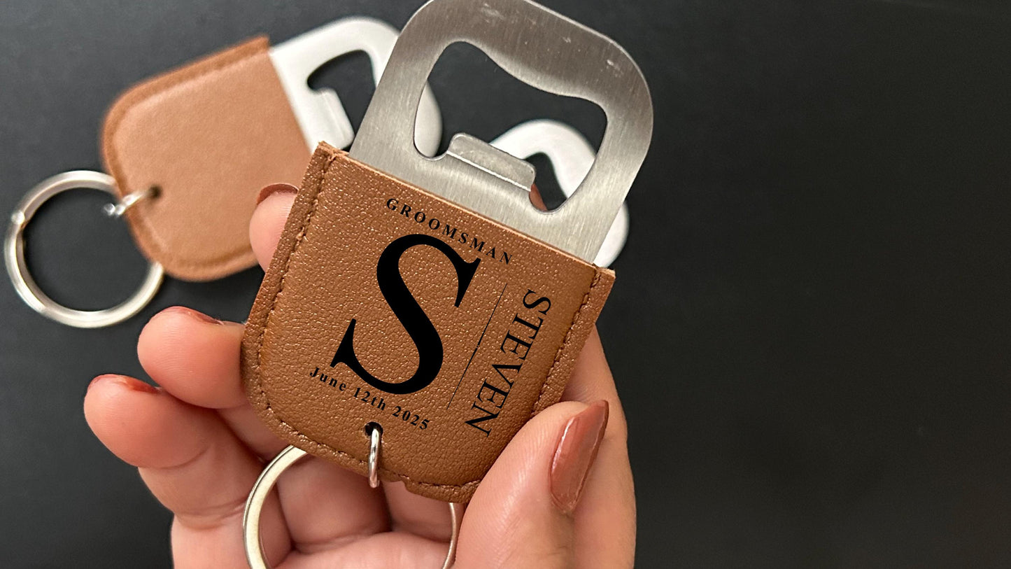 Personalized PU leather keychain bottle opener, custom groomsmen gift, Corporate party favors, best man gifts, bottle opener keyring