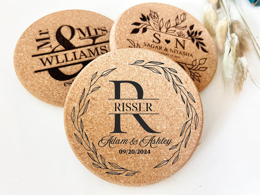 Bulk Wedding Favor, Engraved Cork Coaster Favor, Unique Wedding Favor, Set of 100 Coasters, Newly married couple coasters