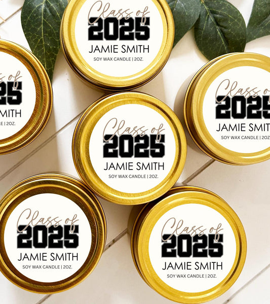 Bulk Graduation Party Candle Favor, Graduation Party, 2oz. 2024 Grad Candle Gift, Affordable Graduation favor, personalized Gold Tin Candle
