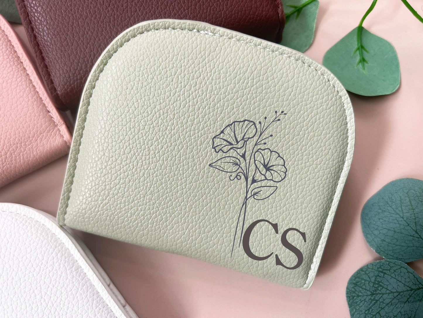Engraved Birth Flower wallet, Monogram pouch, Personalized Women's wallet, thank you gift, minimalist wallet, Birthday gift for her