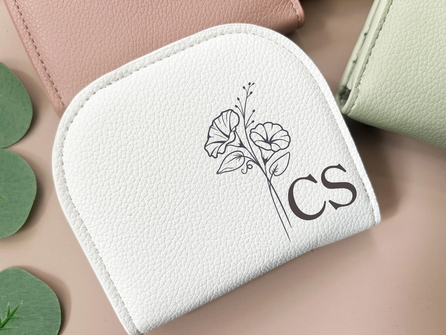 Engraved Birth Flower wallet, Monogram pouch, Personalized Women's wallet, thank you gift, minimalist wallet, Birthday gift for her