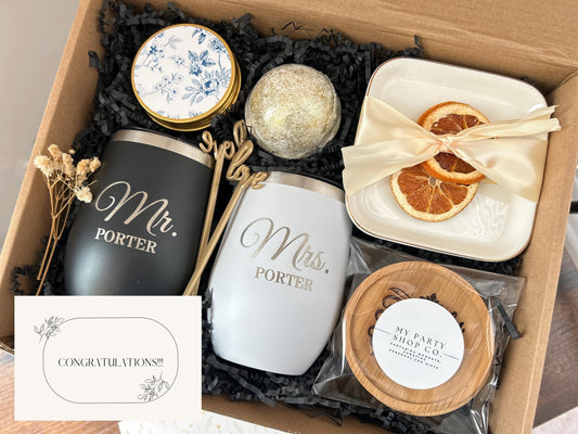 Elegant Congratulations Gift Basket for Newlyweds, Engaged Couples - Mr. & Mrs. Wedding Celebration Set