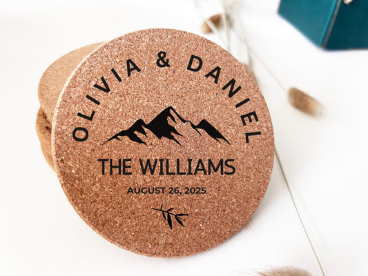 Personalized Mountain Wedding Coasters, wedding favor, Unique Wedding Favor, Set of 20 Coasters, bulk wedding Engraved Coasters
