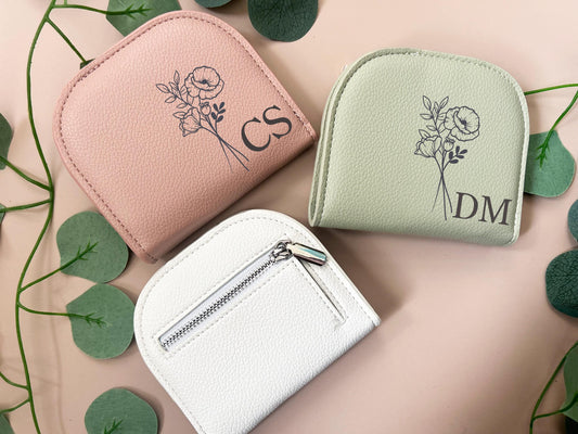 Engraved Birth Flower wallet, Monogram pouch, Personalized Women's wallet, thank you gift, minimalist wallet, Birthday gift for her