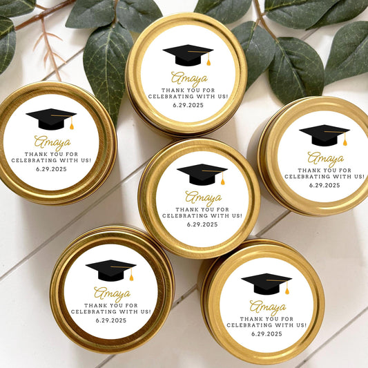 Bulk Graduation Candle Favor, Graduation Party Favor, 2oz. 2025 Grad Candle Favor, Affordable Graduation favor, personalized Gold Tin Candle