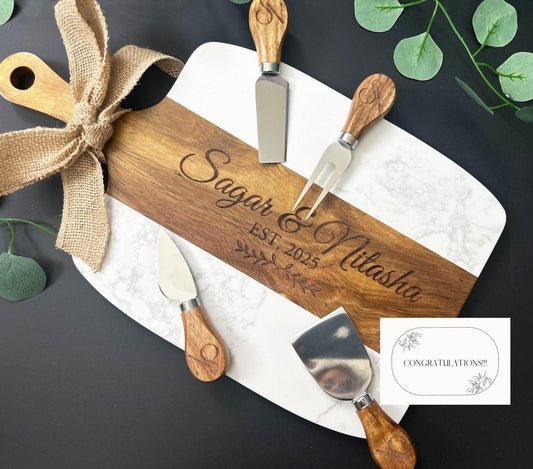 Marble Wood Charcuterie Board, Custom Cheese Board, Mr & Mrs Wedding Gift, Gift for Anniversary, Engagement Gift for Couple, New Couple Gift