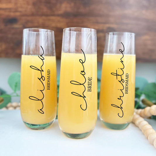 Personalized Champagne Flutes/ Stemless Glass flutes for Celebration/ Champagne flute for bridesmaid /Bridesmaid Proposal Gift